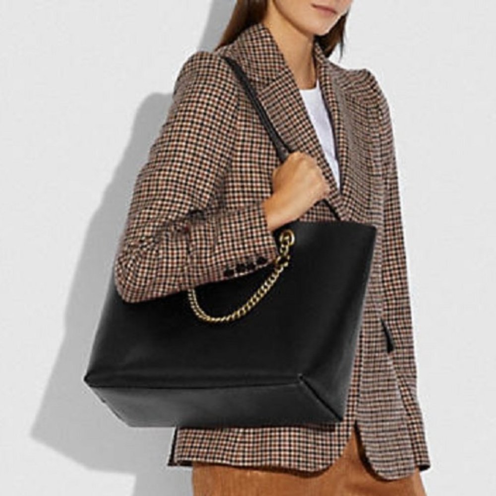 NWT COACH Brass/Black Signature Chain Central Tote